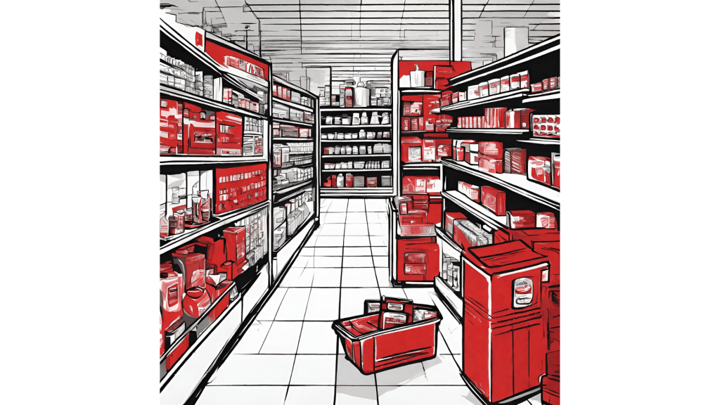 Image shows different aspects of FMCG and food industry like supermarkets, consumer goods, shopping basket, etc. neatly arranged and showcased on shelves. This is meant to portray our wide array of content marketing services for food and consumer goods industry.